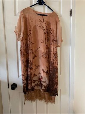Peachy Chinese Asian china silk dress beige brown